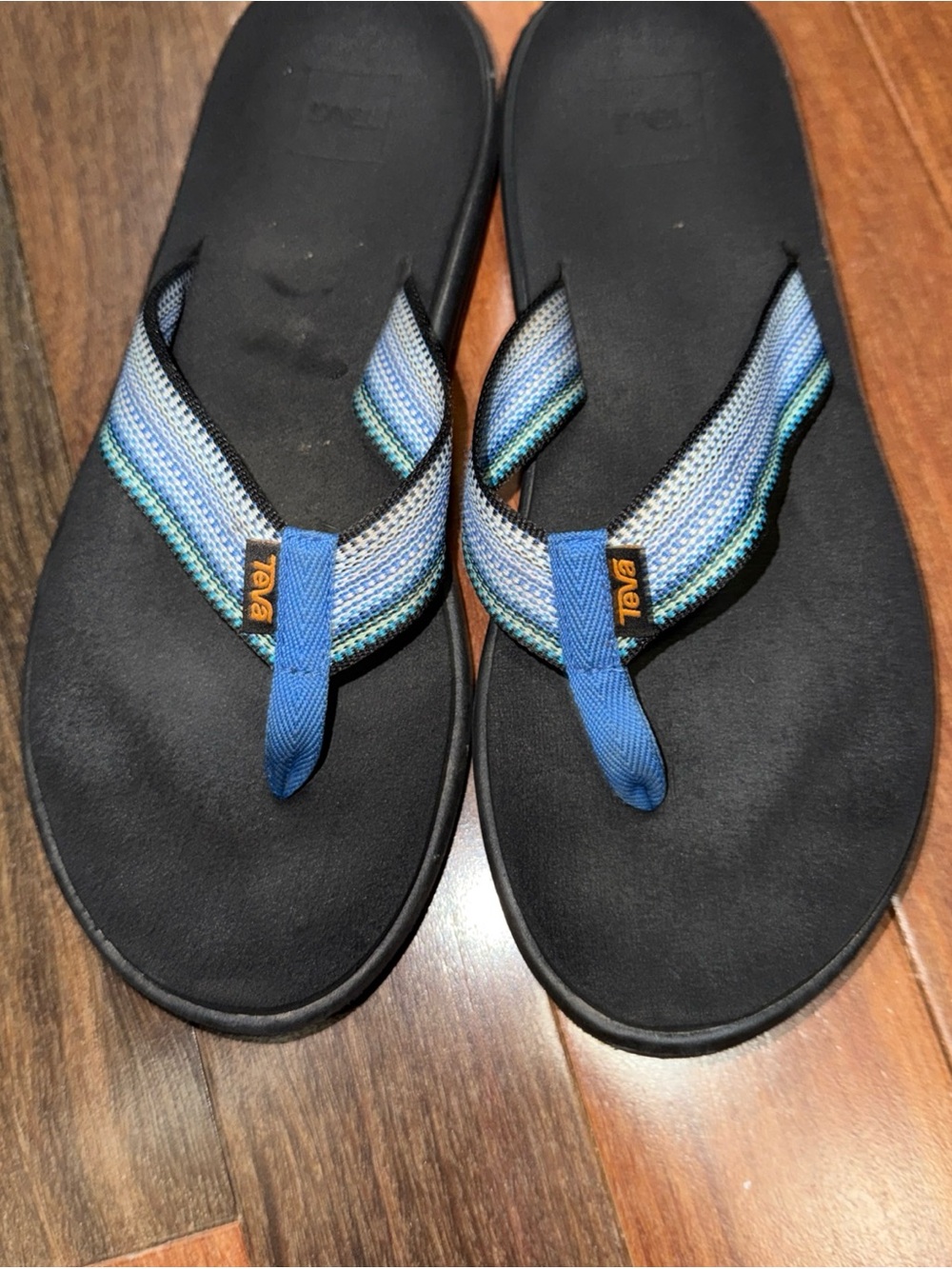 Teva Black Flip Flops with Blue Striped Fabric Straps size 9 comfy cushioning - Picture 2 of 9